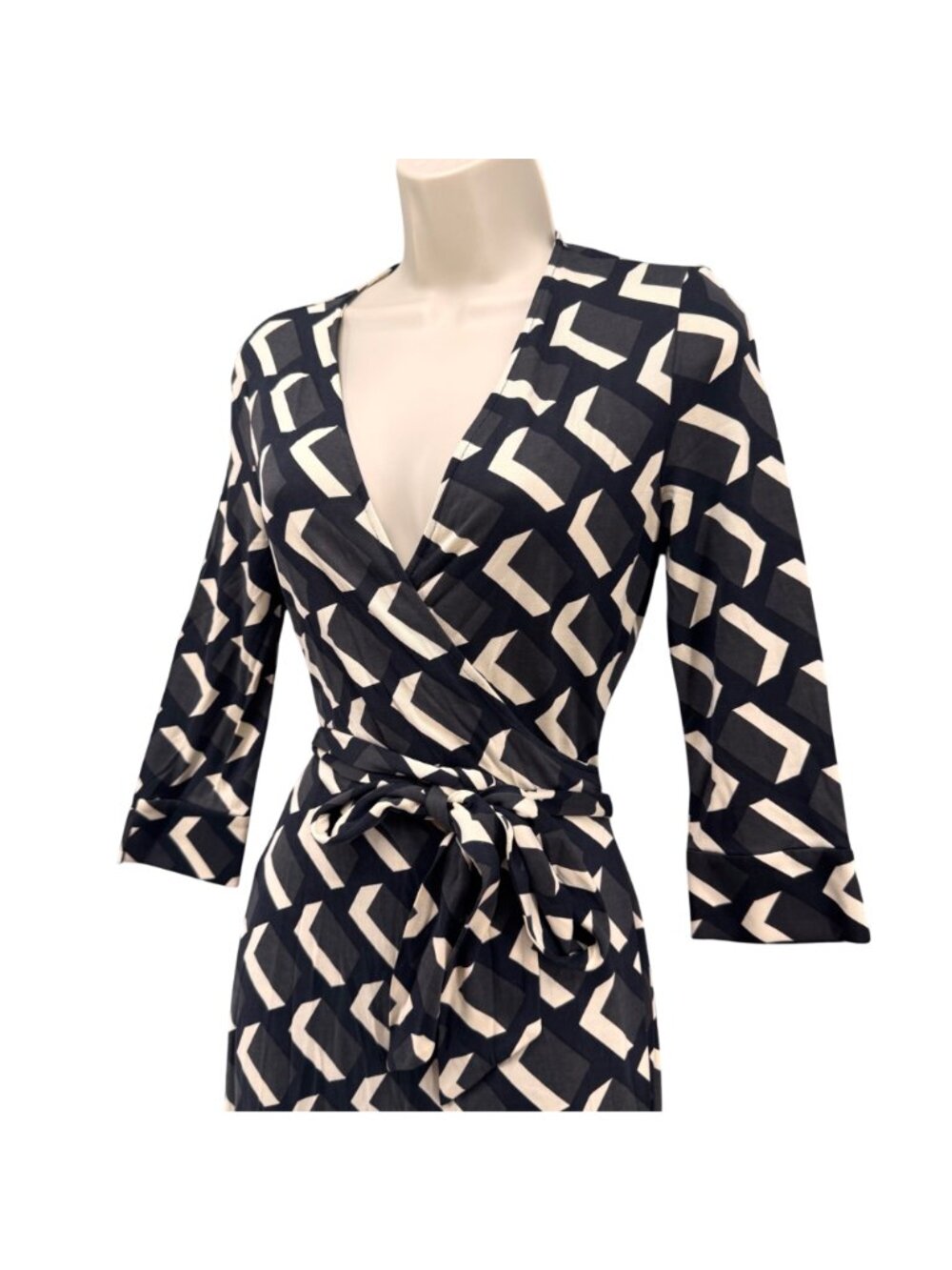 Diane Von Furstenberg Julian Wrap Dress Black White Silk 3/4 Sleeve Size 4 - Picture 2 of 11